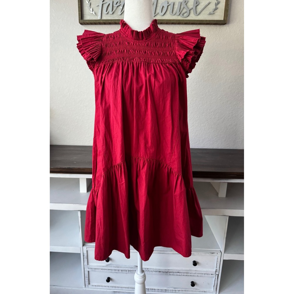 Love The Label Poppy Smocked Flutter Sleeve Dress Mulberry Red Size S